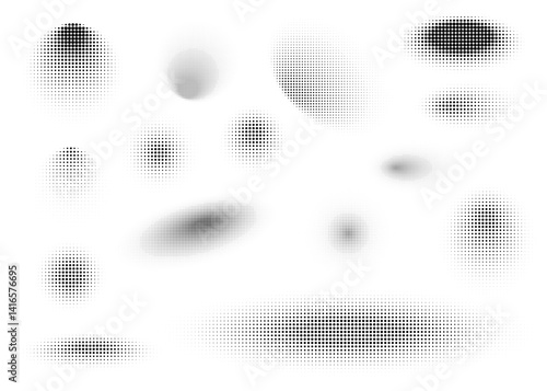 Round halftone shadow set. Black dotted gradient circle collection. Pixel grain elements
