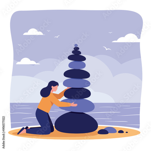 Woman balancing stacked stones on sandy beach near ocean waves under cloudy sky flat minimal vector illustration