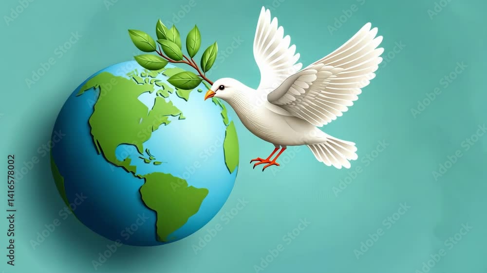 White dove with olive branch flying over earth for peace and harmony. International Day of Peace, World Peace Day, UN Peace Day - Global Celebration