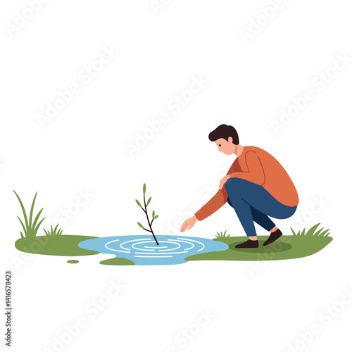 Young man in casual clothes touching water by small pond with plant surrounded by grass in flat design vector illustration
