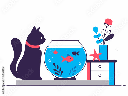 A sleek cat, adorned with a collar, intently gazes at a glass aquarium filled with vibrant fish 
