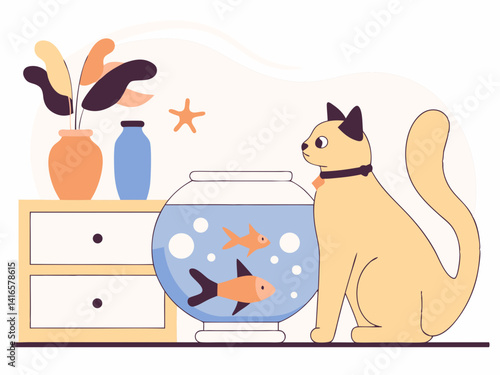 A sleek cat, adorned with a collar, intently gazes at a glass aquarium filled with vibrant fish 