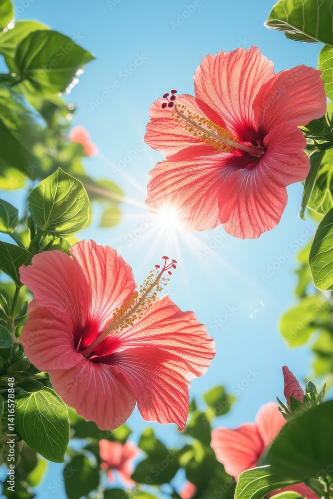 Fototapeta premium Tropical garden hibiscus stunning close-up photography of vibrant flowers in bright sunlight