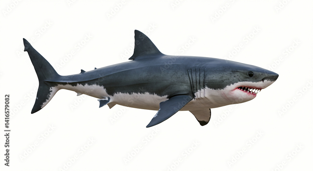 Fototapeta premium Great White Shark Isolated on White Background Swimming