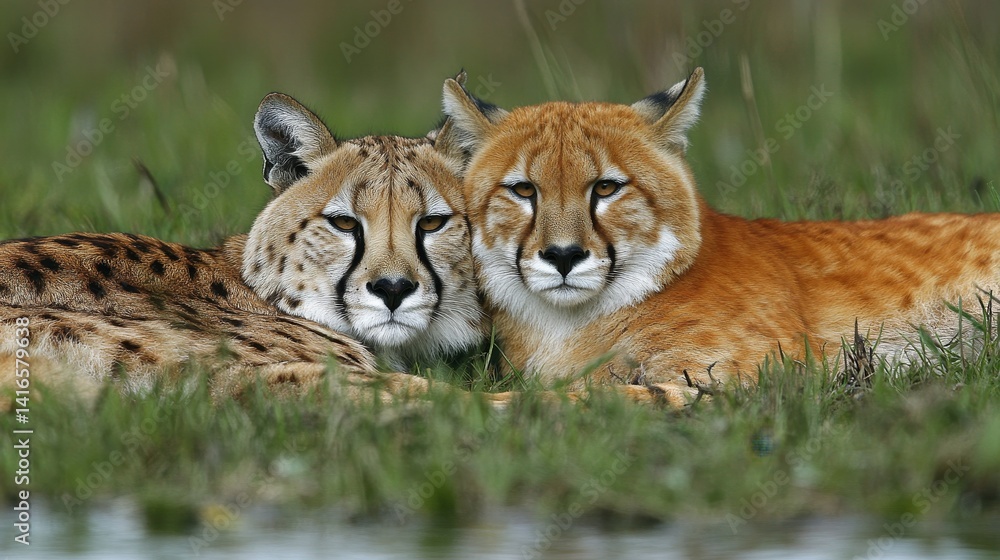 Obraz premium Two cheetahs resting peacefully in lush grassland during safari adventure displaying their spotted coats and feline elegance amidst wildlife tranquility
