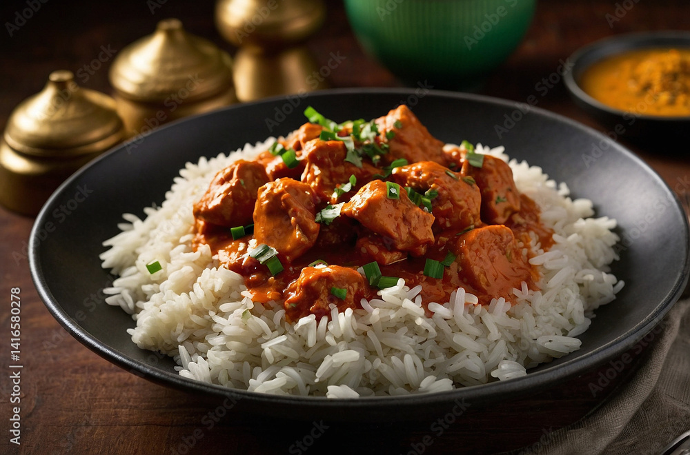 Delicious chicken tikka masala on rice, garnished with herbs. Delicious chicken tikka masala on rice, garnished with herbs.