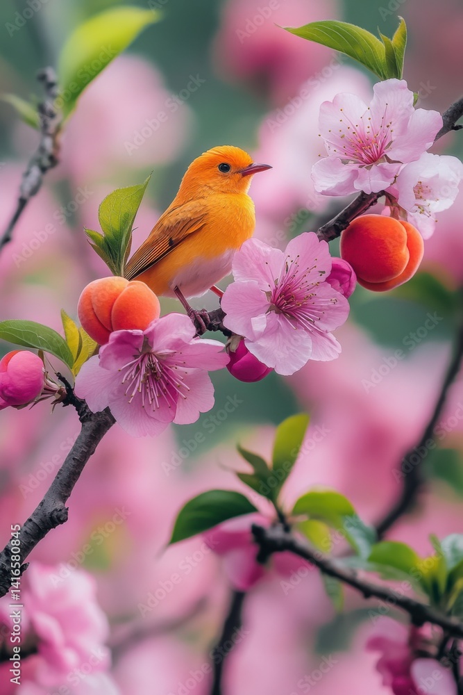 Bird perched on cherry blossom branch nature scene springtime delight vibrant colors close-up view Bird perched on cherry blossom branch nature scene springtime delight vibrant colors close-up view