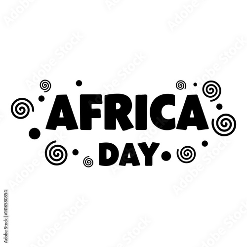 Bold, stylized text proclaiming AFRICA DAY with playful swirls and dots.  Suitable for advertising or editorial content related to African culture, celebration, or unity.