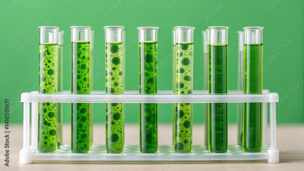 Biolabs concept, Test tubes filled with green liquids set against a bright green background. Biolabs concept, Test tubes filled with green liquids set against a bright green background.