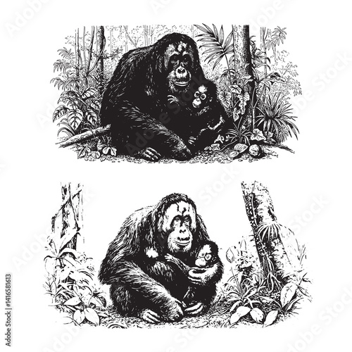 two mother orangutan cradling young in a jungle scene
