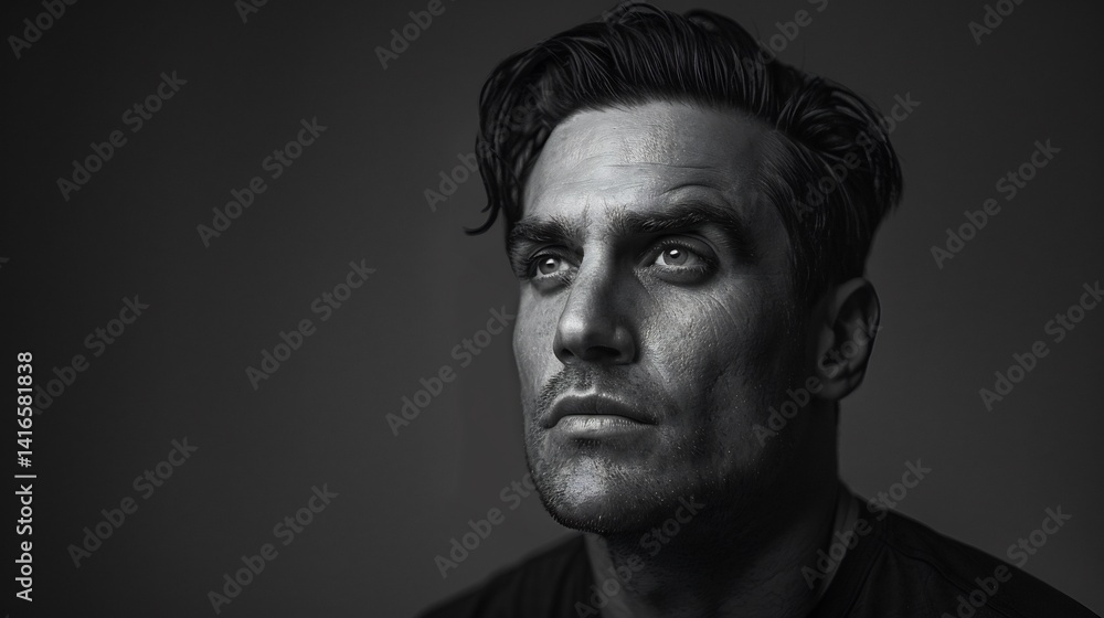 Fototapeta premium Dramatic low key portrait of man with deep shadows single light source and high contrast creating a moody atmosphere