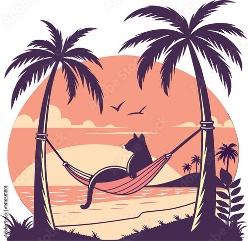 Cat Relaxing in Hammock During Vibrant Sunset on Tropical Beach