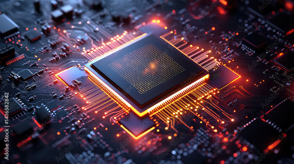 Close-Up of Glowing Microchip on Circuit Board Close-Up of Glowing Microchip on Circuit Board