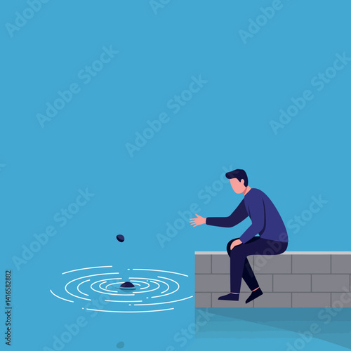 Young man sitting on a stone wall skipping a dark stone across calm blue water in minimal flat style vector illustration