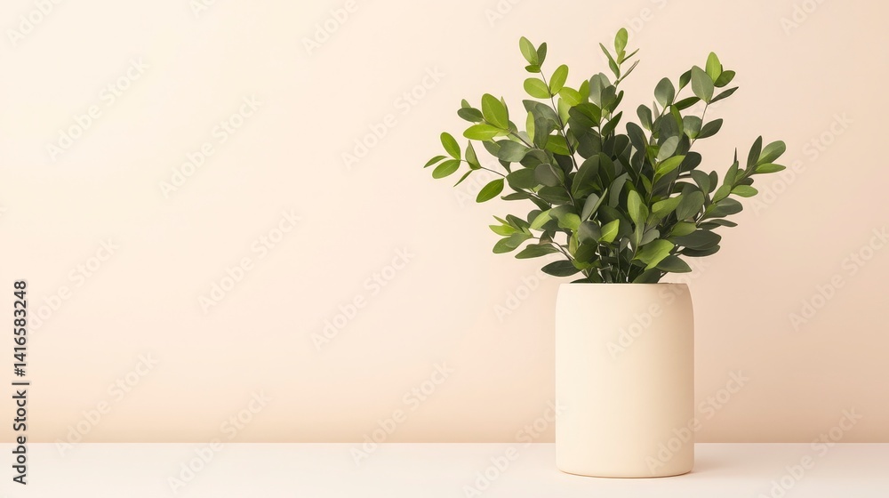 Fototapeta premium Serene Illumination of Simple Green Plant in Minimalistic Pot on Soft Neutral Background