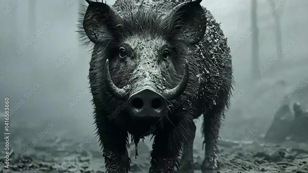 Wild boar covered in mud standing in a misty forest, showcasing its natural habitat and behavior Wild boar covered in mud standing in a misty forest, showcasing its natural habitat and behavior