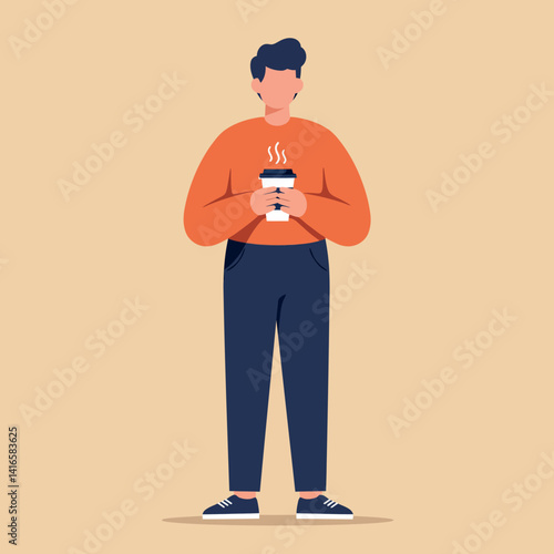 Young man holding steaming hot coffee cup in casual outfit standing alone minimal flat vector illustration