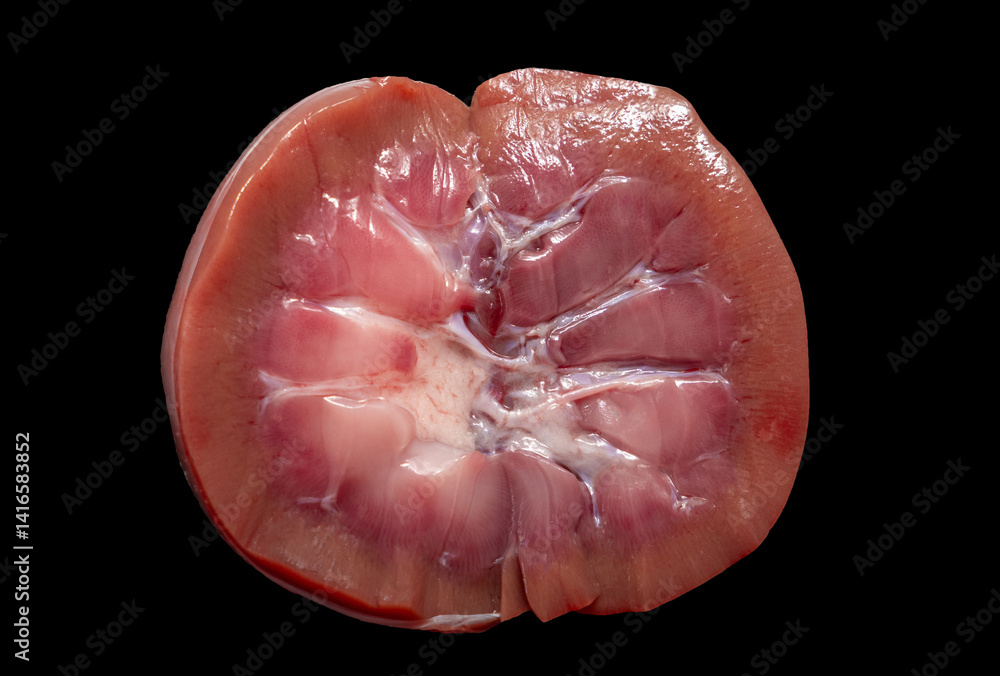 A kidney cut in two on a black background