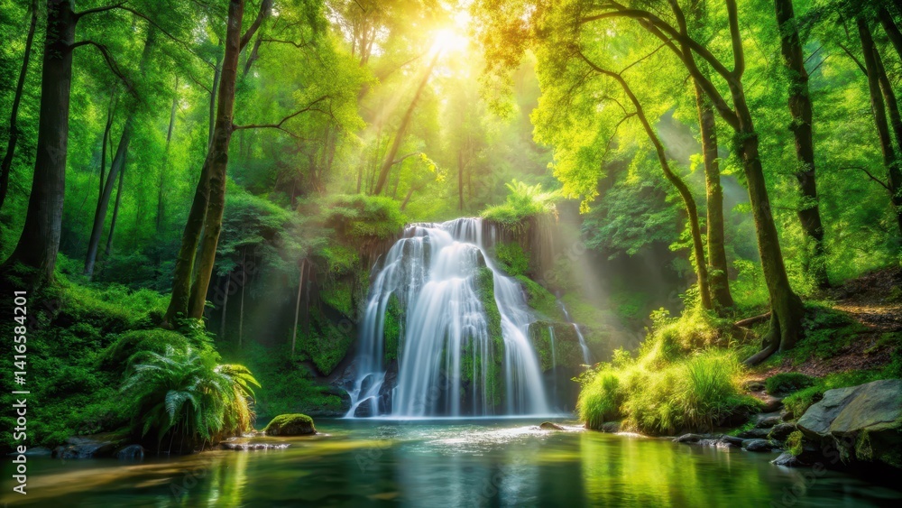 Naklejka premium Waterfall in lush green forest with sunlight filtering through trees, branches, greenery, branches, greenery, leaves