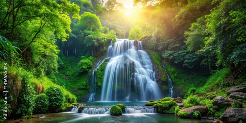 A serene waterfall cascading down a lush forested slope amidst a backdrop of vibrant greenery and sunlit foliage, waterfall A serene waterfall cascading down a lush forested slope amidst a backdrop of vibrant greenery and sunlit foliage, waterfall