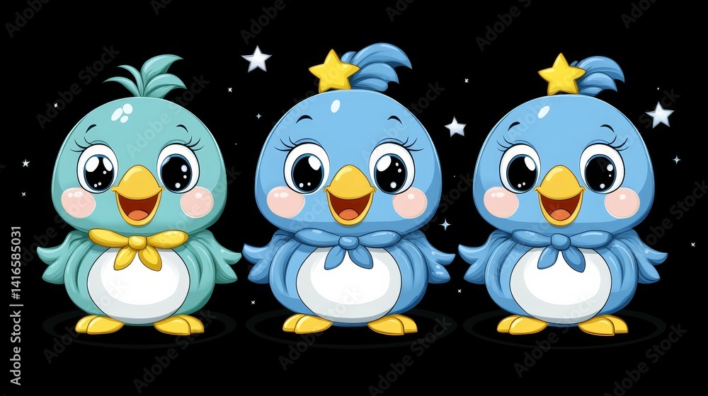 Fototapeta premium Delightful trio of cartoon birds adorned with star accents set against a nocturnal backdrop evoking childish wonder and festive charm for illustration