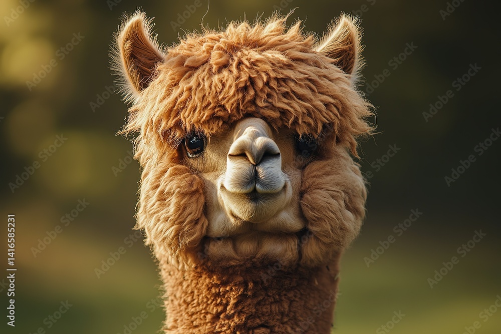 Obraz premium A fluffy alpaca standing tall with its long neck, its soft wool floating in the breeze