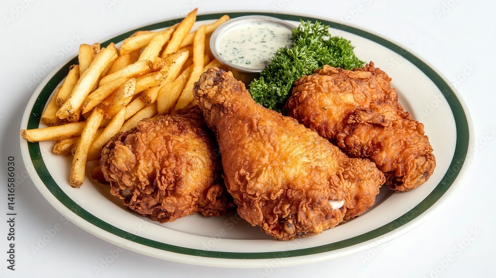 Crispy Fried Chicken with Golden Fries Served with Creamy Dip on a White Plate Crispy Fried Chicken with Golden Fries Served with Creamy Dip on a White Plate