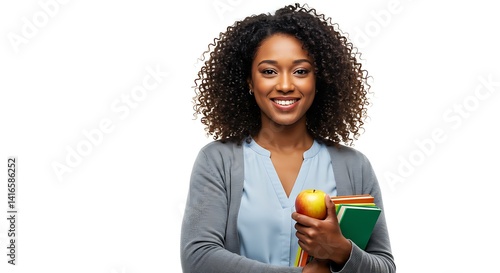 Smiling African-American Teacher Holding Apple & Books, Isolated on White Background: Education, Health, Bright, Engaging, Studio Portrait, School Spirit