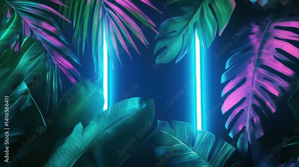 Fototapeta premium Green and Blue Neon Light with Tropical Leaves