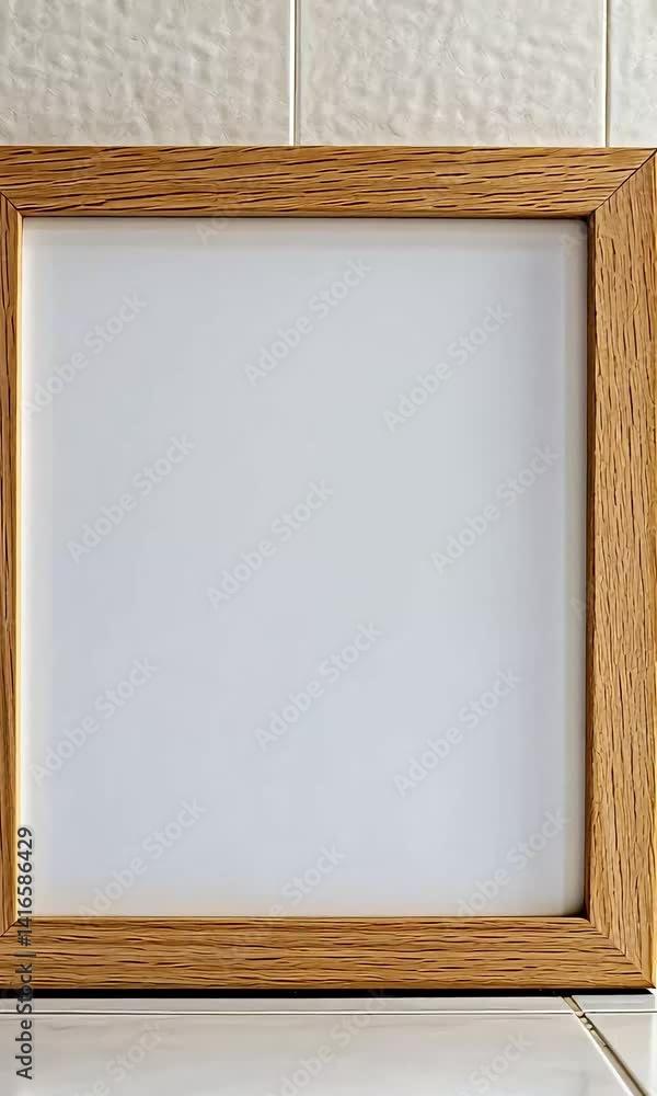 Empty wooden photo frame placed on a tiled surface, with a plain background and subtle texture Empty wooden photo frame placed on a tiled surface, with a plain background and subtle texture
