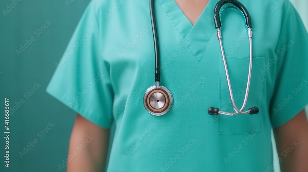 Close-Up of a Neatly Placed Stethoscope on a Medical Scrub in a Clinical Environment Close-Up of a Neatly Placed Stethoscope on a Medical Scrub in a Clinical Environment