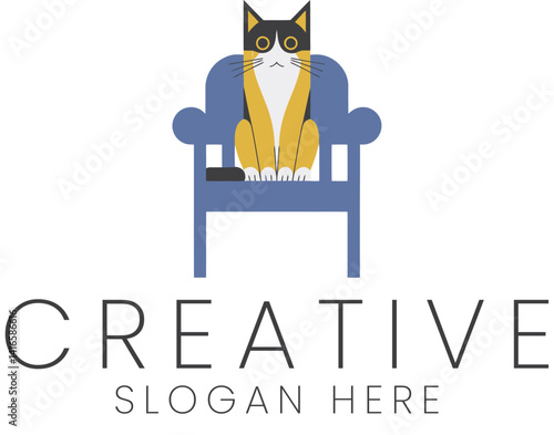 Adorable Tricolor Cat Sitting Calmly on Blue Chair Elegant Pet Logo Design Cute Icon Image Animal   