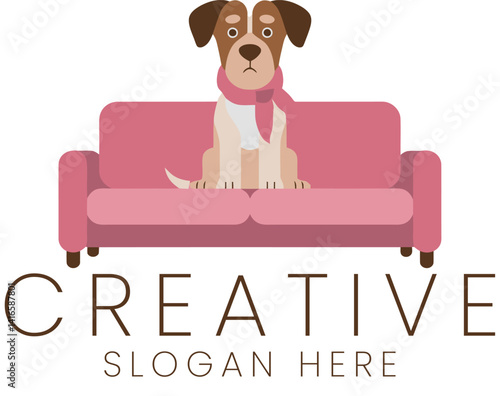 Adorable Dog Sitting on Pink Couch Creative Logo Design Illustration pet cute flat icon image puppy 