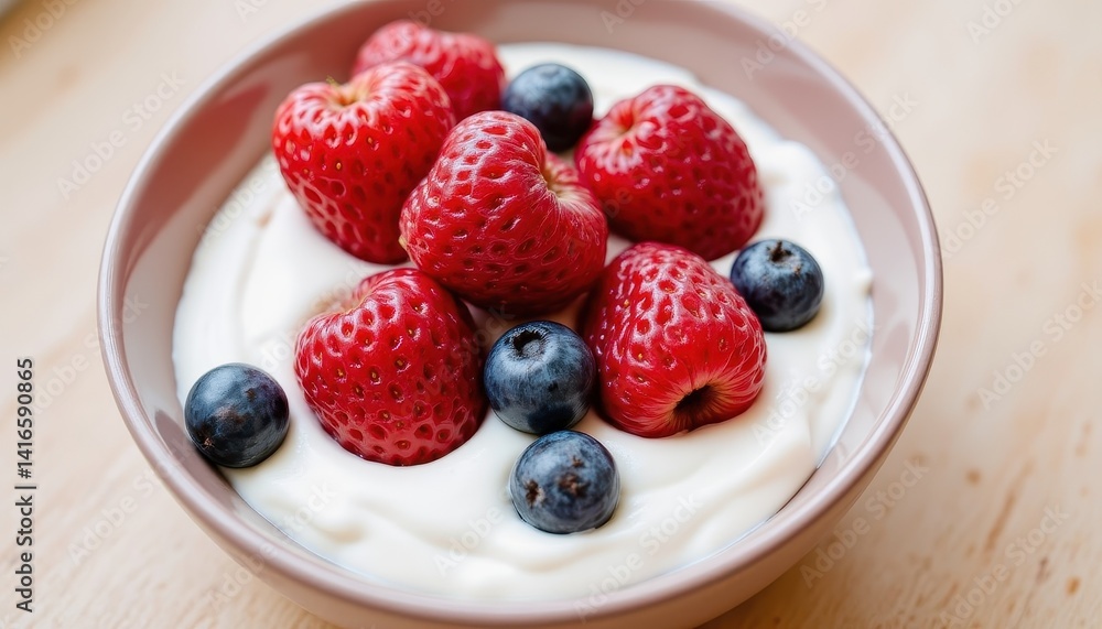 Photo of a refreshing summer snack consisting of homemade yogurt topped with fresh, colorful berries. Photo of a refreshing summer snack consisting of homemade yogurt topped with fresh, colorful berries.