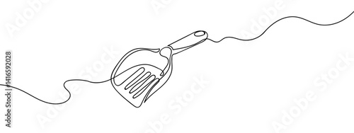Continuous line, pet supplies, cat litter scoop line art vector illustration with background editable stroke.