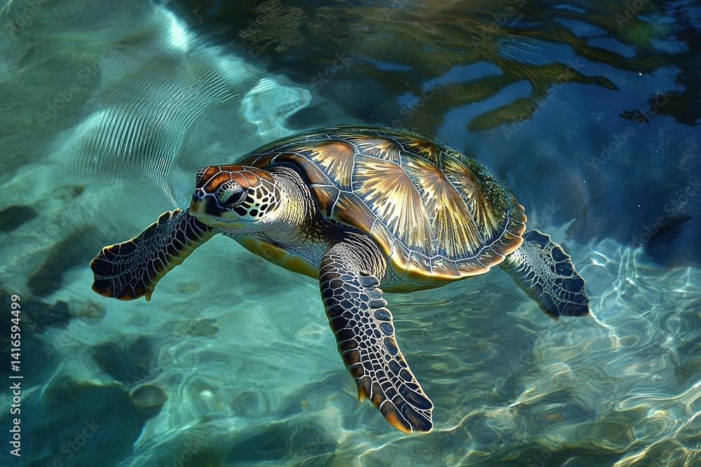Fototapeta premium A friendly sea turtle floating gently in the water, its shell glimmering in the sunlight