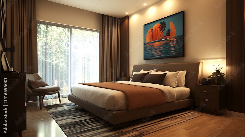 Fototapeta premium Serene Bedroom Interior Design with Tropical Sunset Artwork