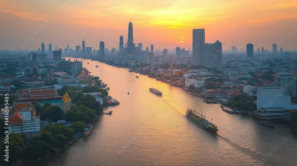Fototapeta premium The Chao Phraya River in Bangkok, Thailand, hosts an oil refinery.