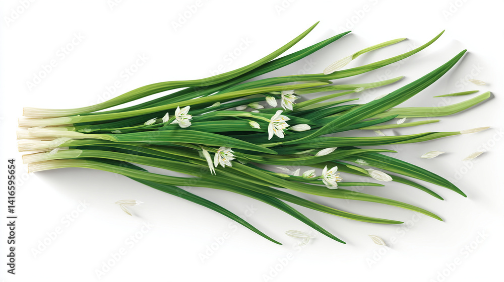 Fototapeta premium Fresh green spring onions with delicate white flowers on white background