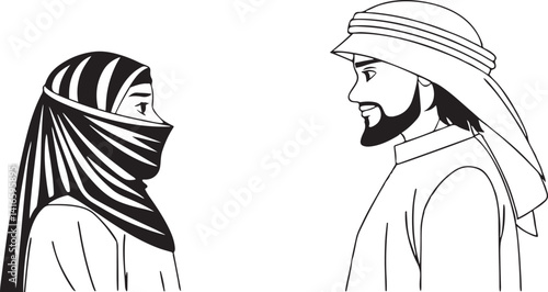 Arabic muslim man and woman linear icons. Saudi arab faceless people avatar. line silhouette. Traditional уastern arab couple. Outline flat style. Vector illustration