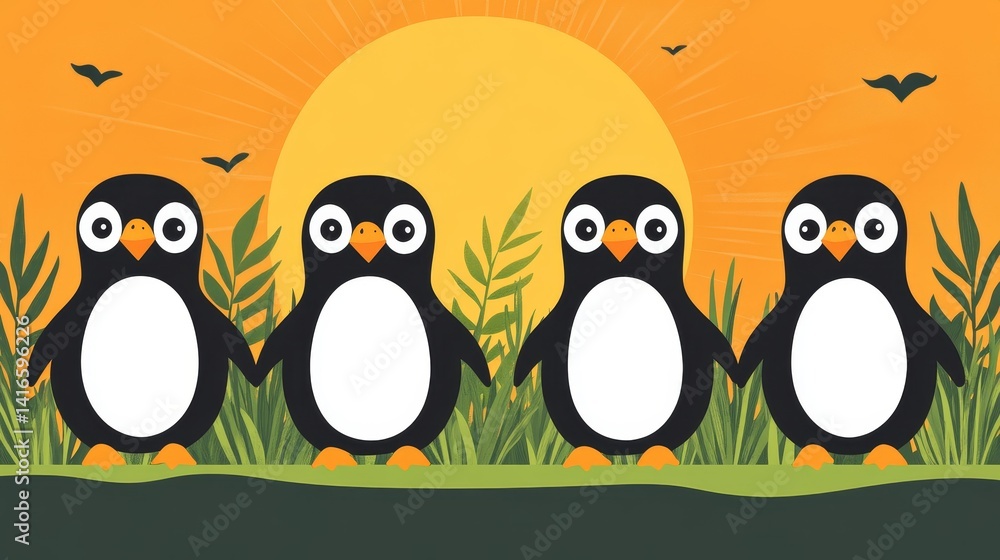 Fototapeta premium Pixelated penguin gathering illustration on a grassy knoll with an orange sunset backdrop and silhouetted birds flying above in a stylized graphic art style