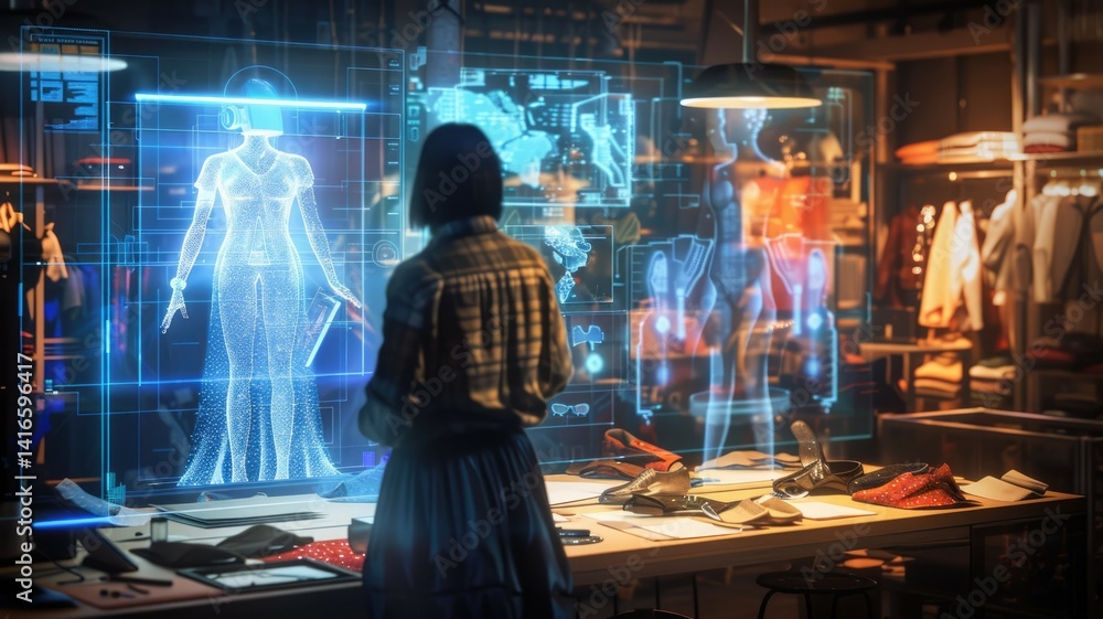 A fashion designer in a chic studio with an AI assistant as a holographic mannequin displaying various outfits, offering real-time design adjustments. AIG60 A fashion designer in a chic studio with an AI assistant as a holographic mannequin displaying various outfits, offering real-time design adjustments. AIG60