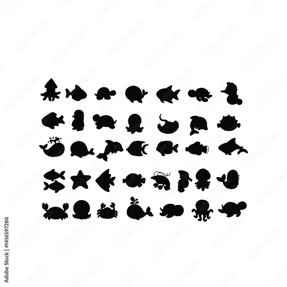 Naklejka premium Collection of Various Cute Sea Animal Silhouettes for Kids