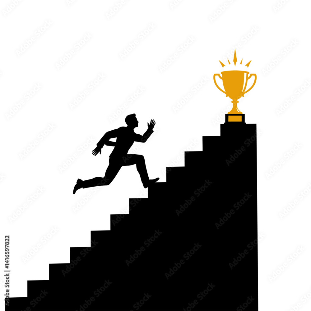 Aspiring for Success Man Running Up Stairs Towards Trophy Aspiring for Success Man Running Up Stairs Towards Trophy