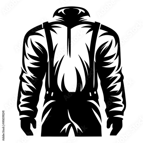 Bold monochrome illustration of a figure wearing work clothes from the back