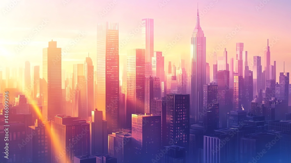 Fototapeta premium Cityscape at Sunset with Skyscrapers and Golden Light Over New York