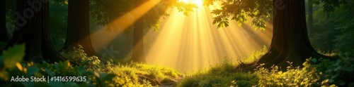 Golden sunlight filters through lush forest, creating dramatic light and shadow, summer, dark