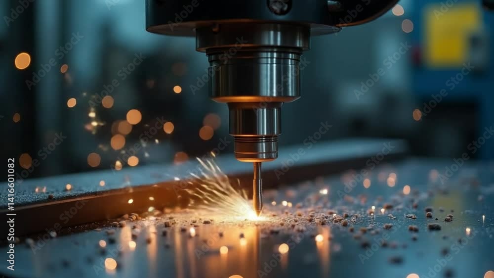 Close-Up of CNC Milling Machine Cutting Metal with Flying Sparks and Shavings Close-Up of CNC Milling Machine Cutting Metal with Flying Sparks and Shavings
