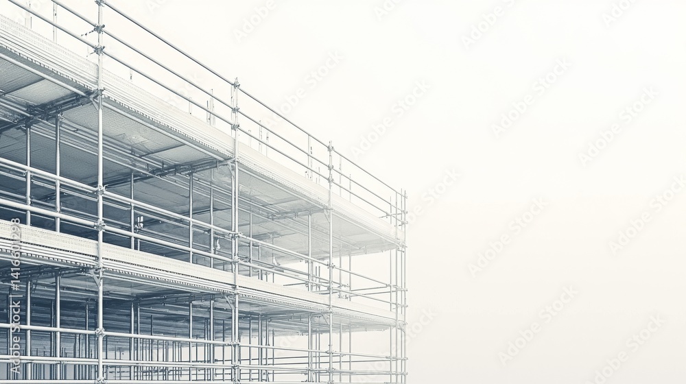 Obraz premium Steel scaffolding structure under construction in a foggy urban environment during early morning light hours