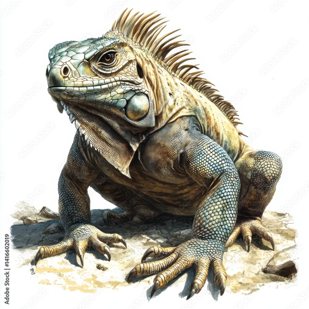Obraz premium Detailed Portrait of a Green and Brown Iguana Lizard on Tan Ground
